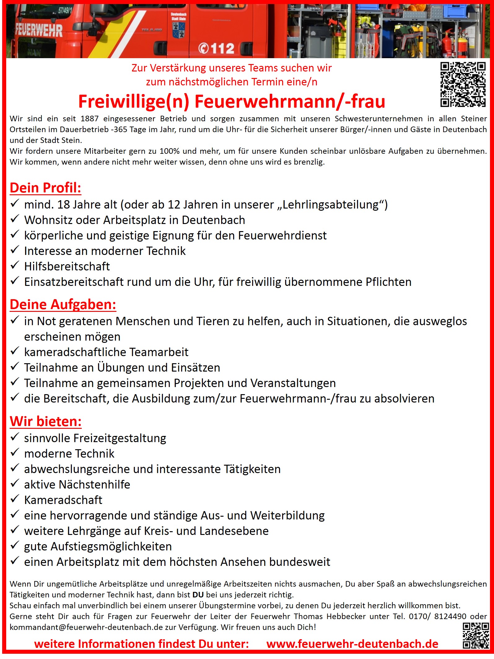 Stellenausschreibung der FF Deutenbach